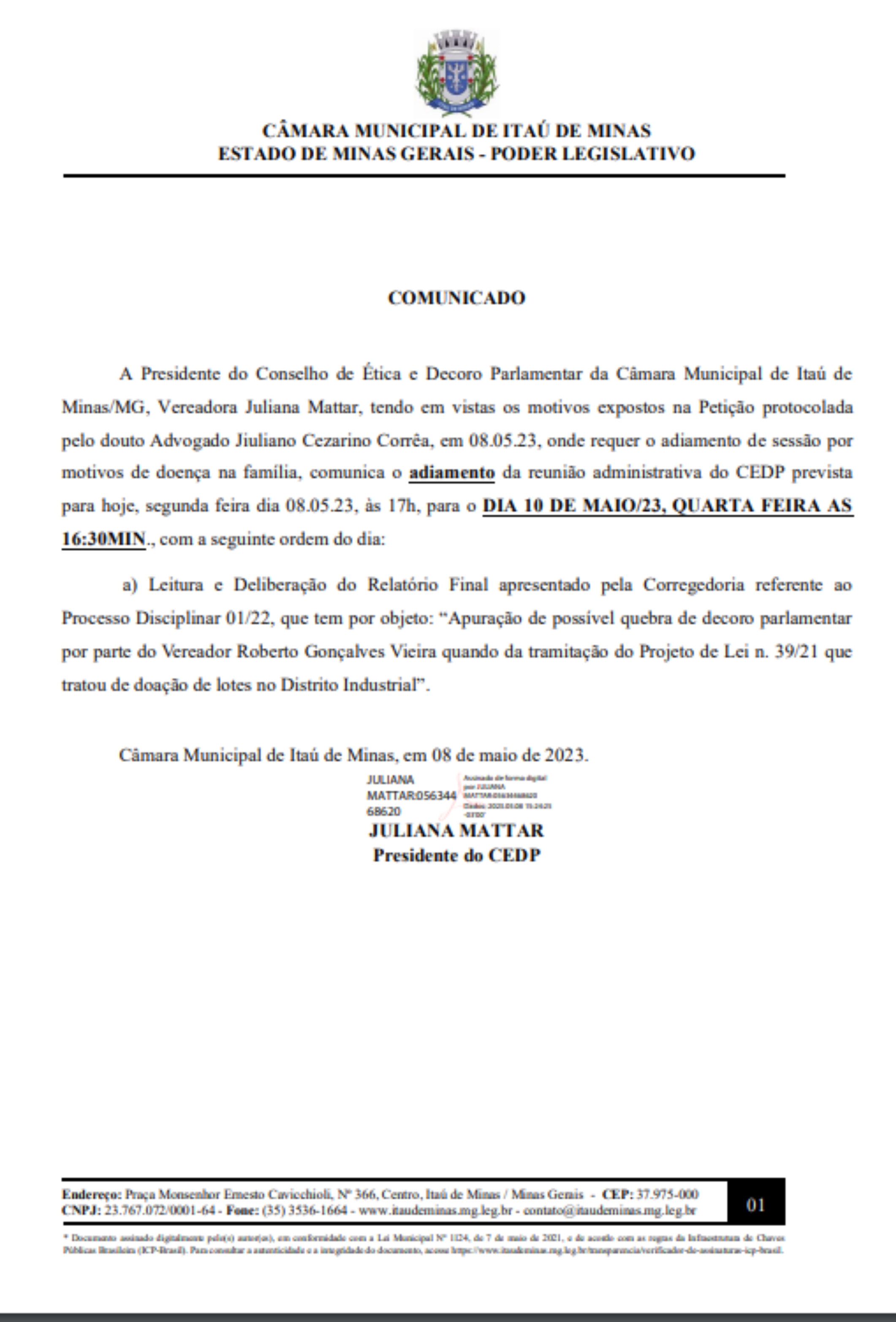 COMUNICADO CANCELAMENTO REUNIÃO ADMINISTRATIVA DO CEDP