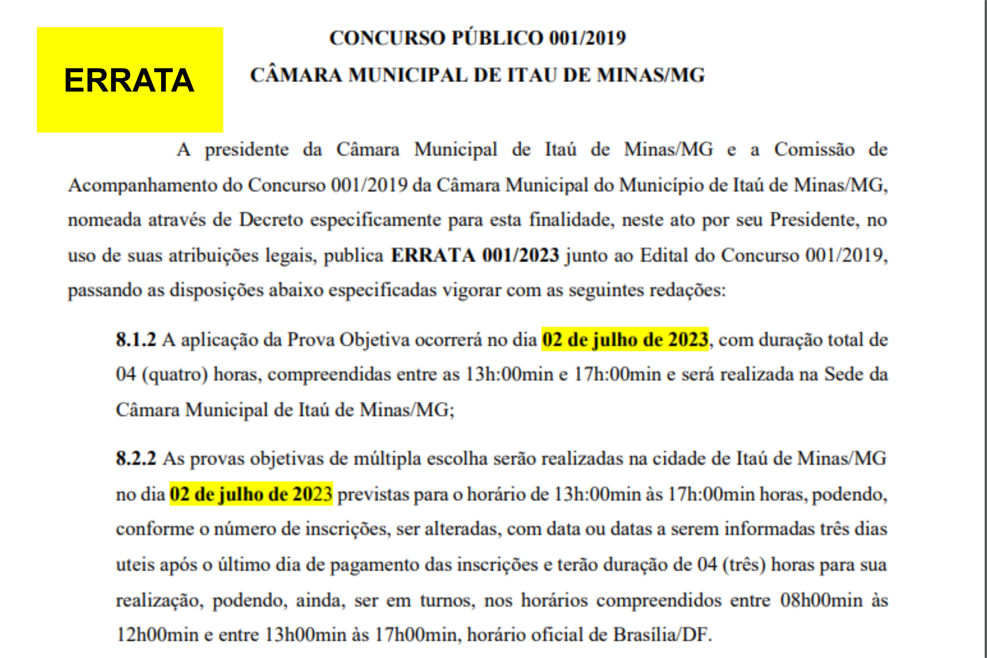 ERRATA 001 - AO CONCURSO PÚBLICO 001/2019